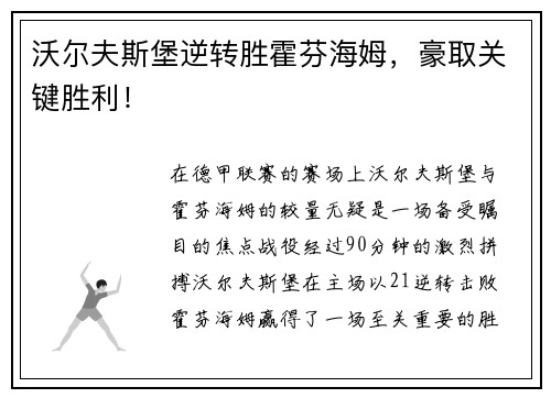 沃尔夫斯堡逆转胜霍芬海姆，豪取关键胜利！